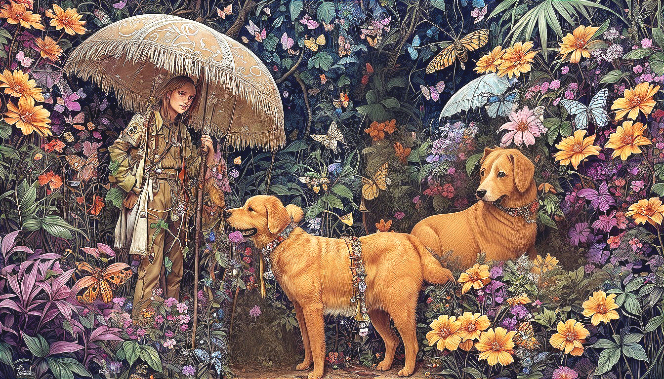 Woman with Golden Retrievers in a Colorful Garden