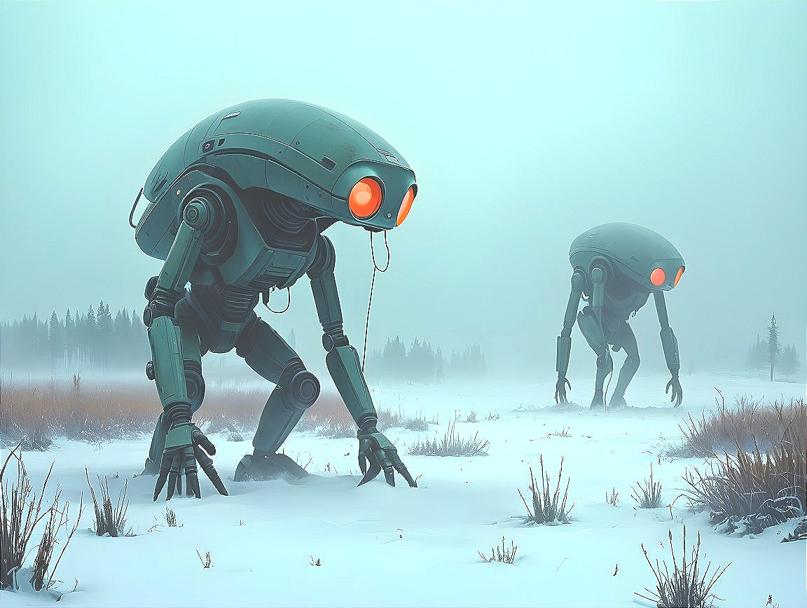 Futuristic Robots in a Misty Winter Landscape