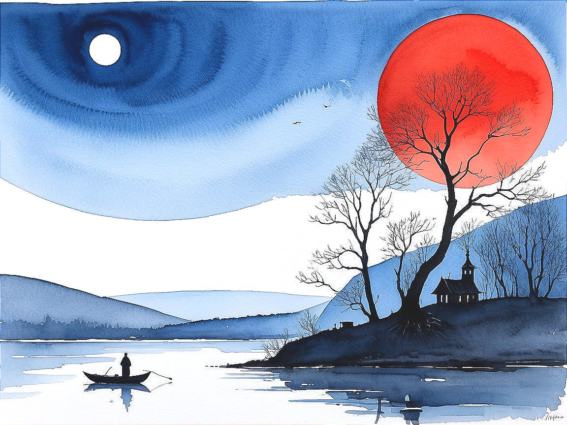 Lone Figure in Boat on Calm Lake at Sunset