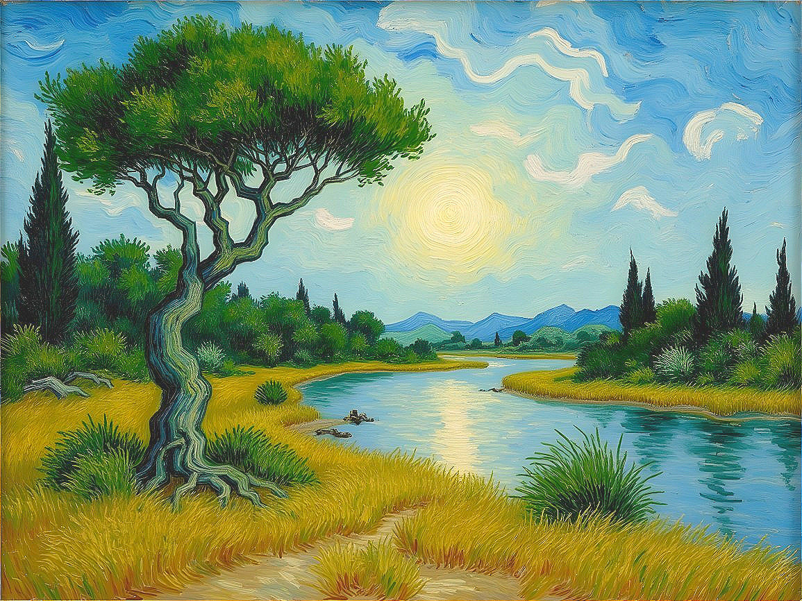 Serene Landscape with River, Trees, and Mountains