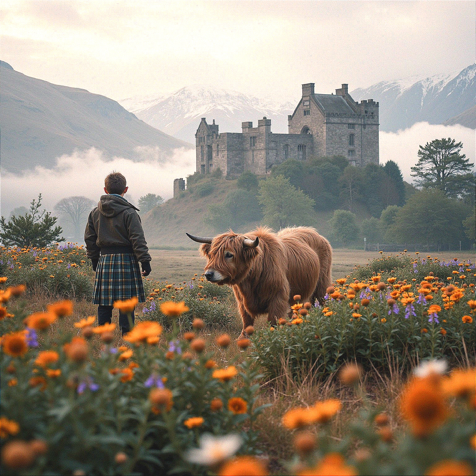 Serene Landscape with Kilted Figure and Castle View