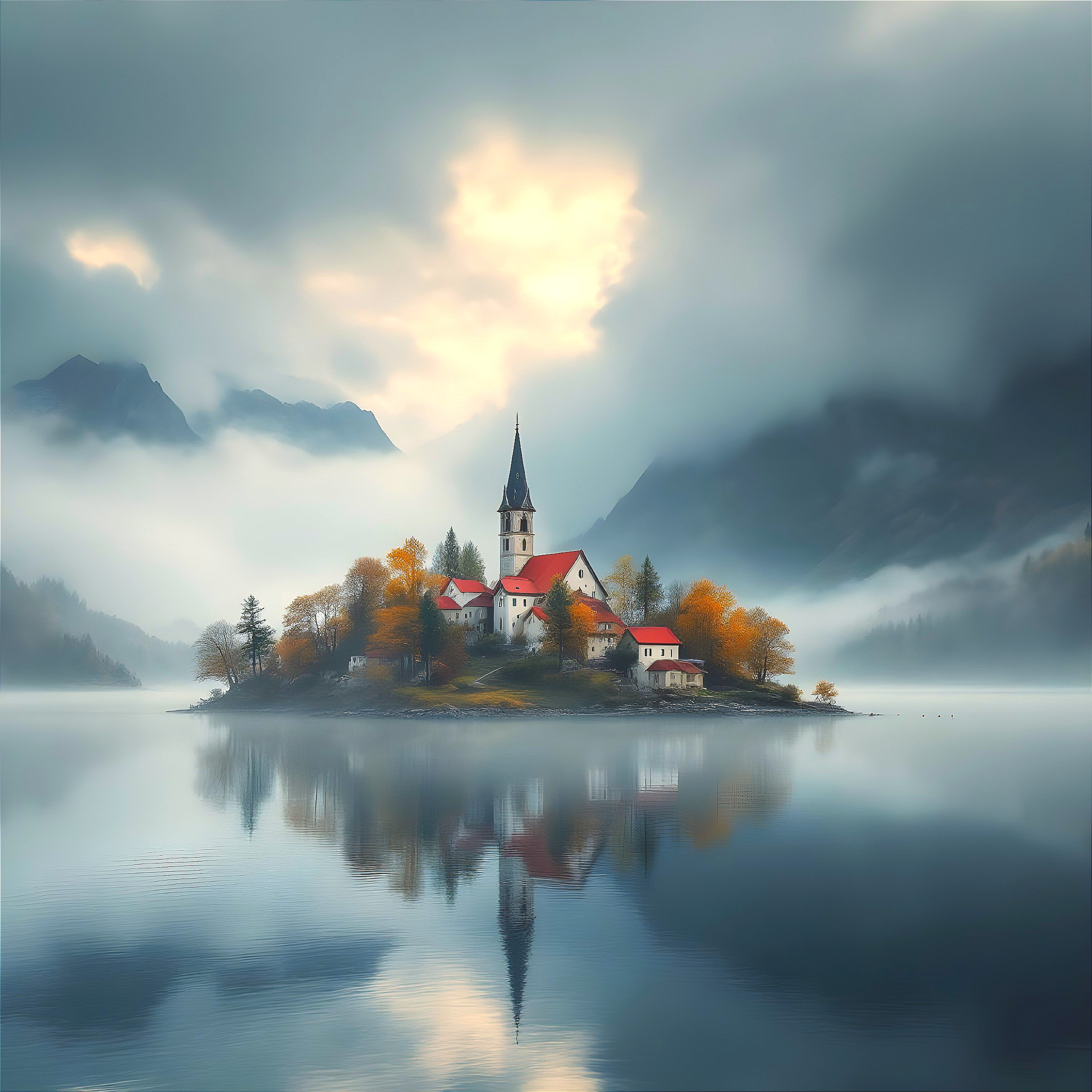 Serene Island Village with Church and Autumn Landscape