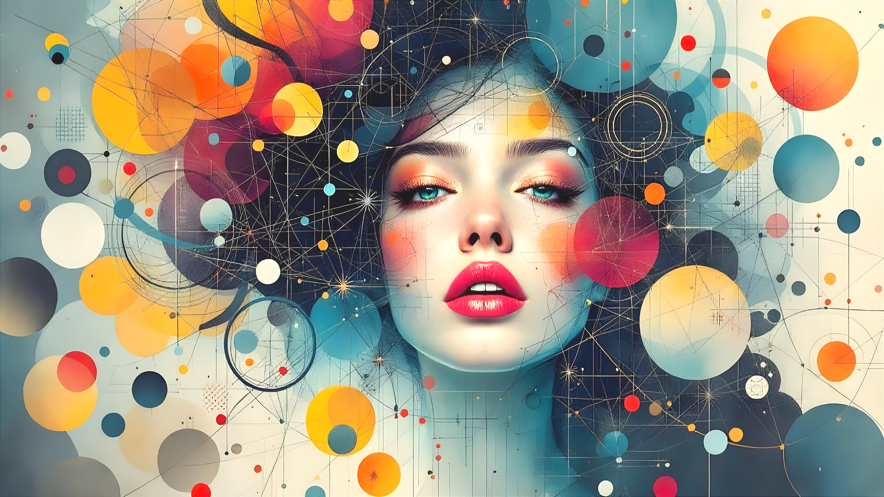 Portrait of a woman with vivid blue eyes and abstract art