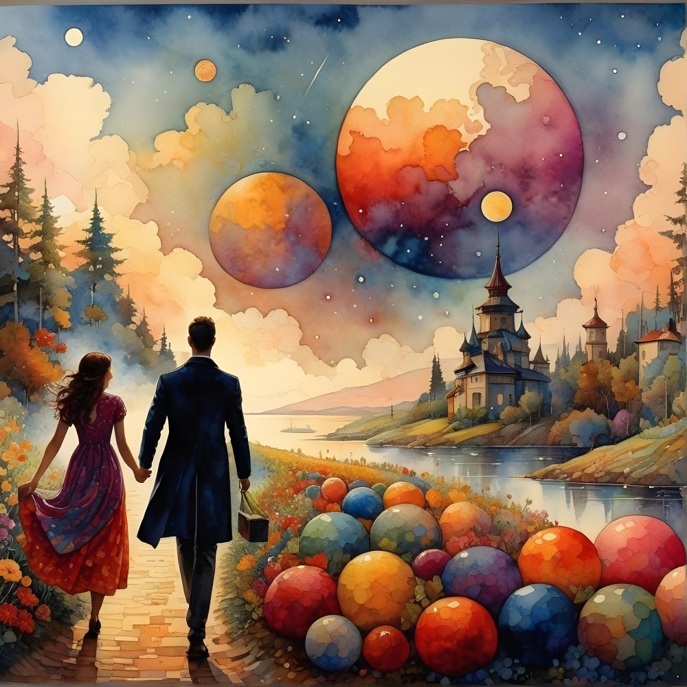 Couple Strolling on Colorful Path with Sunset Reflection