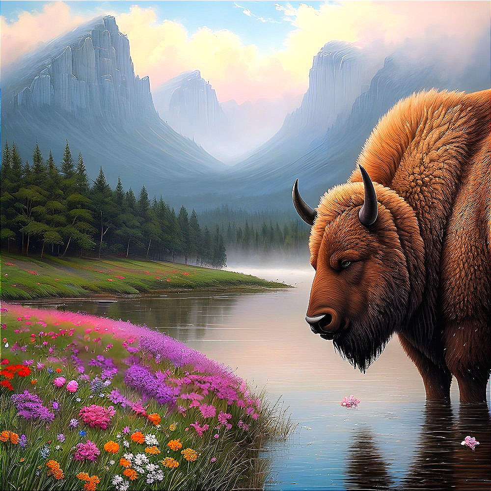 Bison by River with Wildflowers and Mountains at Dawn
