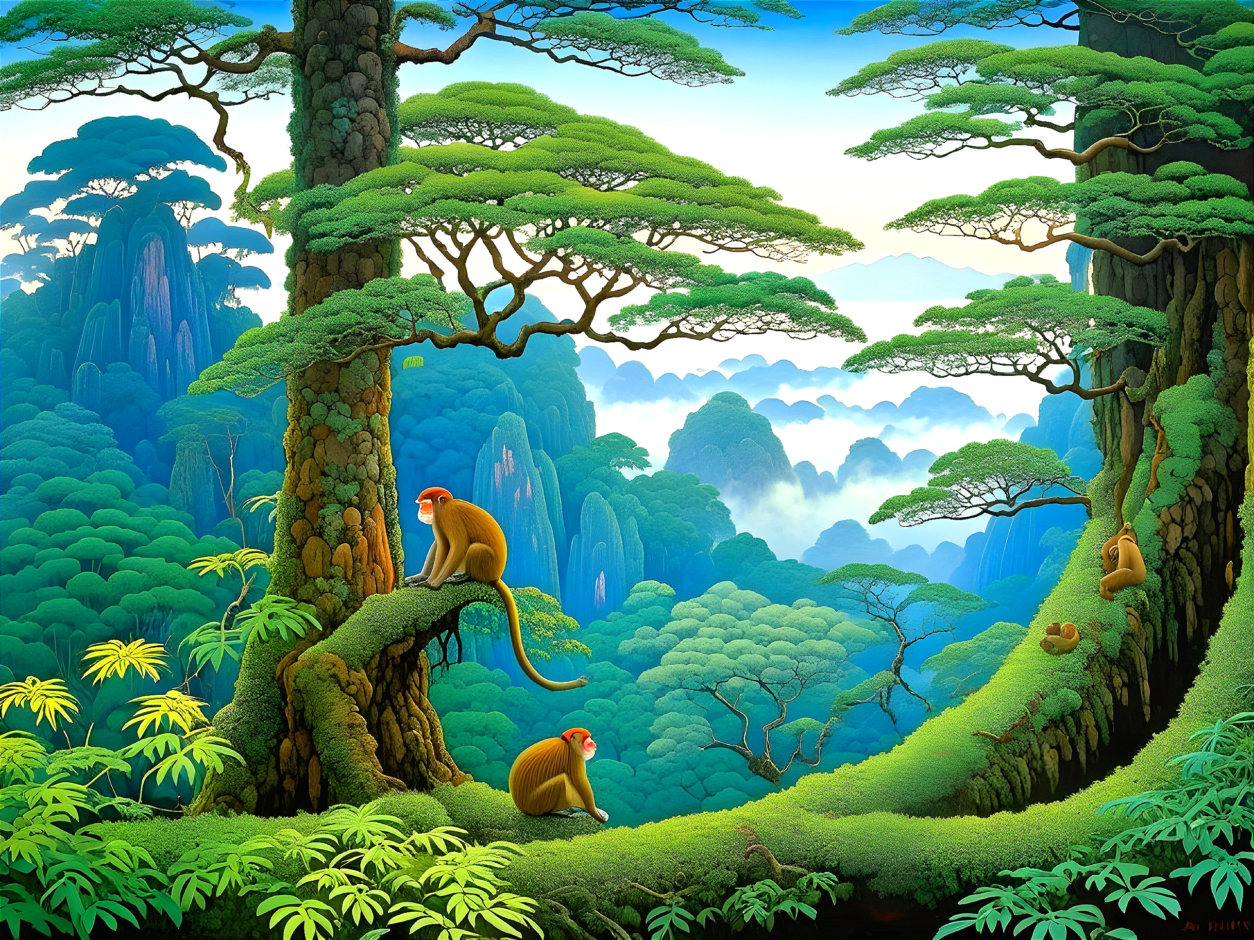 Vibrant Landscape with Colorful Trees and Monkeys