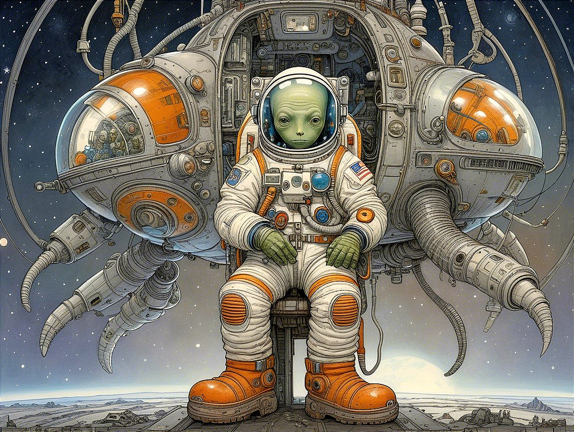Green Alien in Spacecraft with Starry Galaxy Backdrop