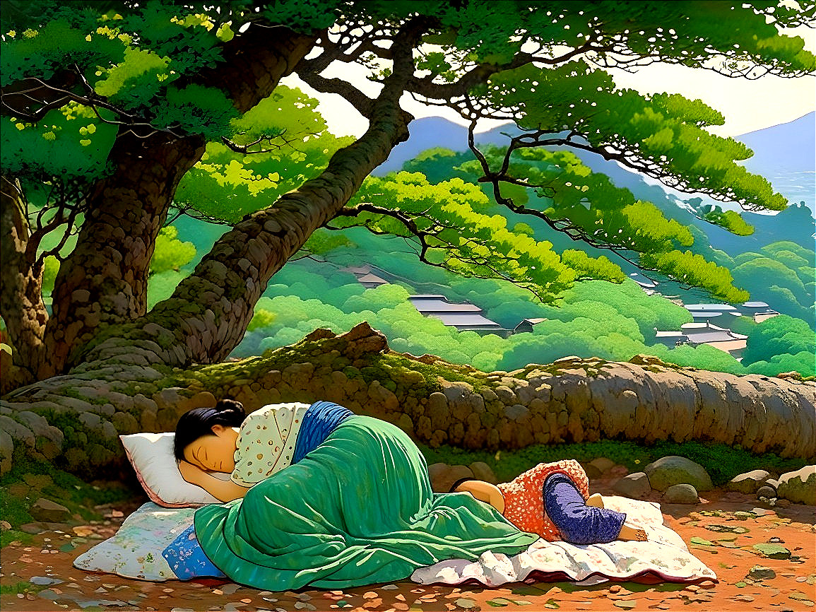 Serene landscape with ancient tree and peaceful scene