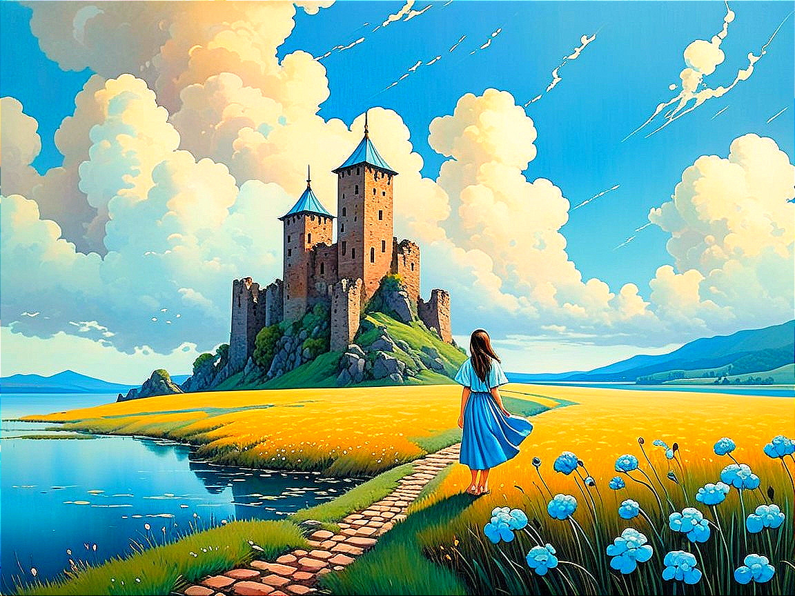 Serene landscape with girl in blue dress and castle