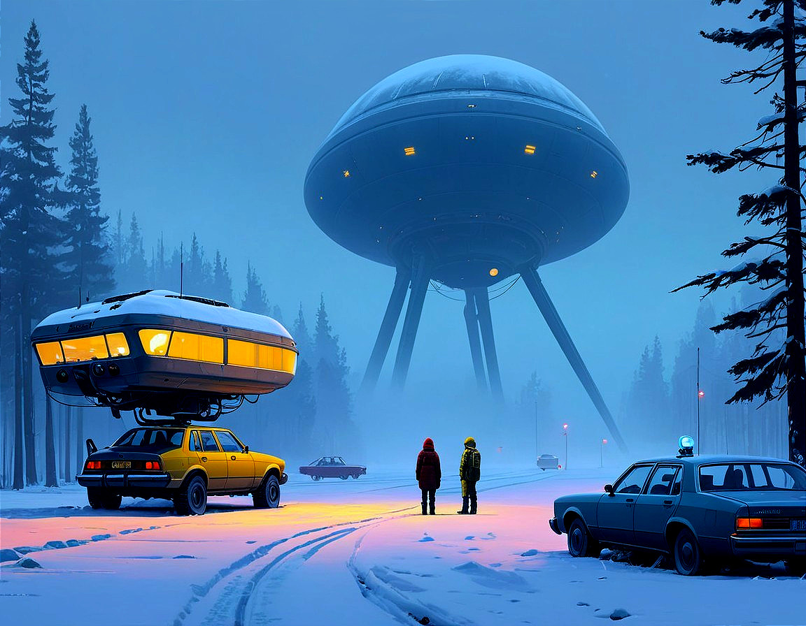 Snowy Landscape with UFO and Vintage Cars at Twilight