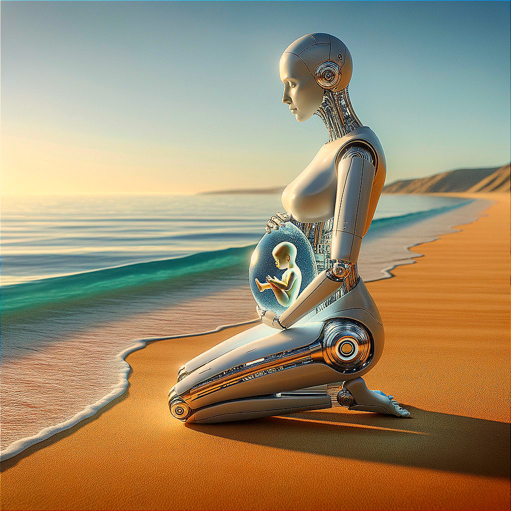 Futuristic Robot on Beach with Glowing Fetus Display