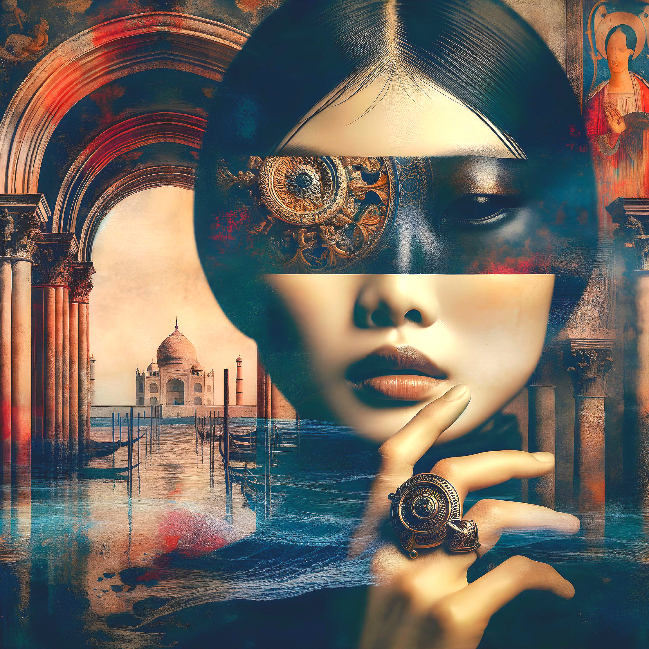 Mysterious Woman with Mechanical Eye in Surreal Setting