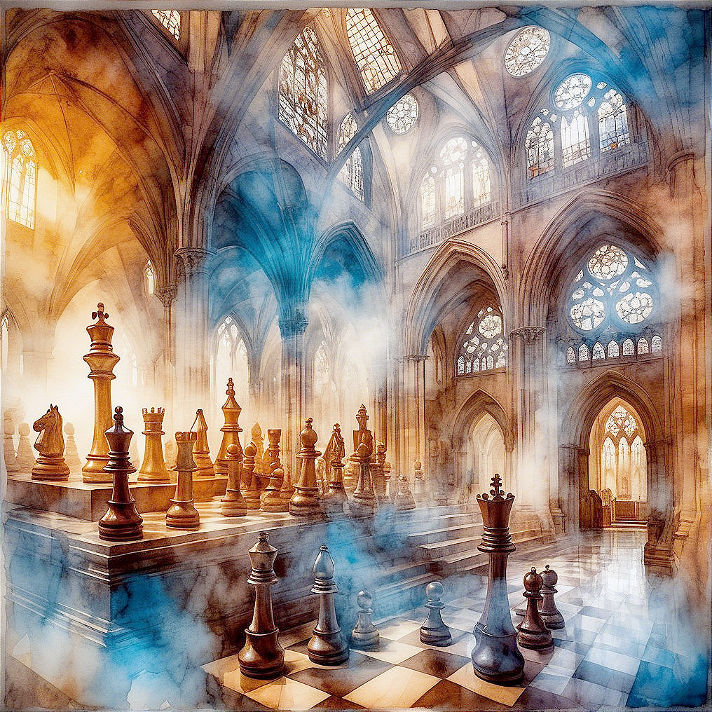 Grand Cathedral Interior with Chess Pieces and Fog