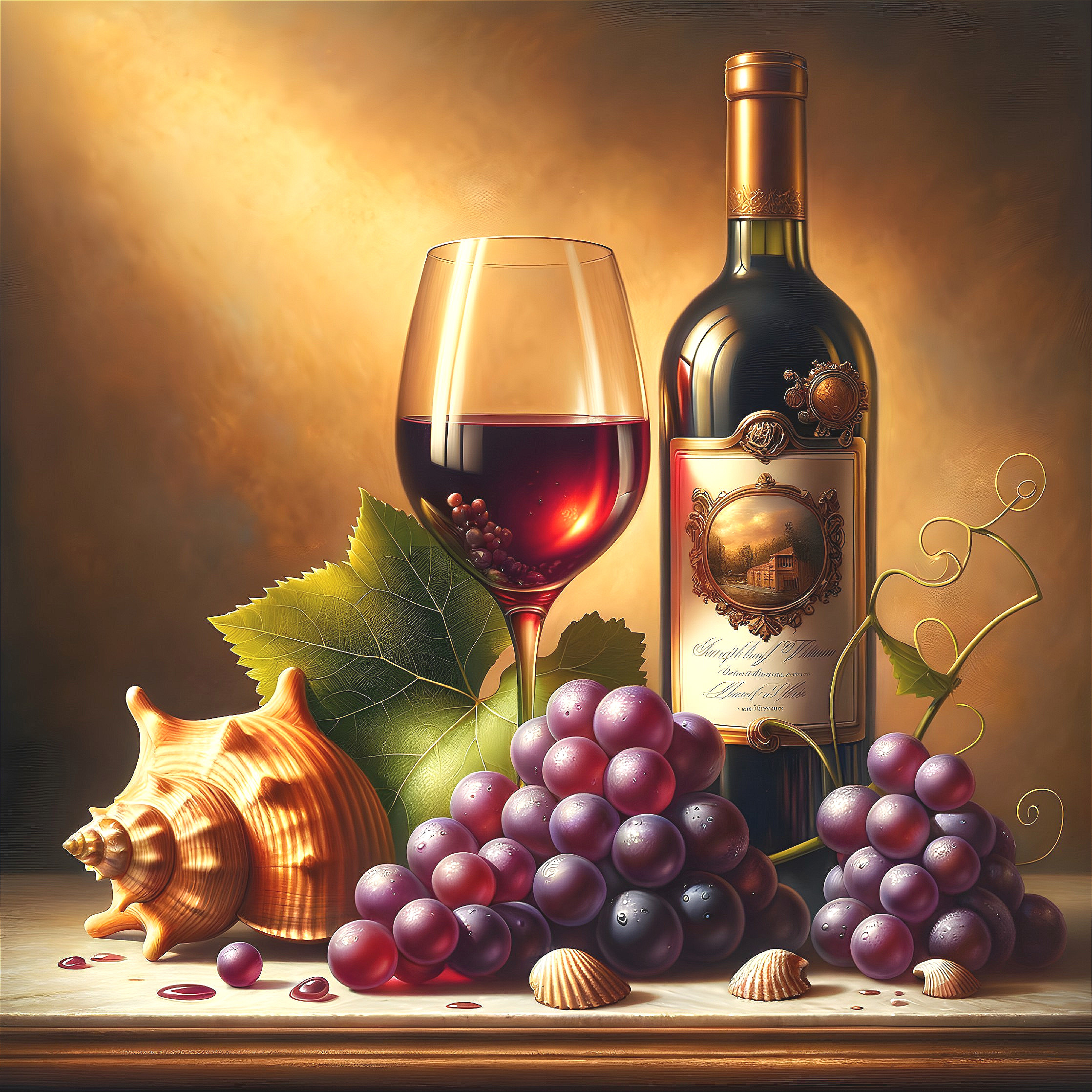 Red Wine Bottle and Glass with Grapes and Shells