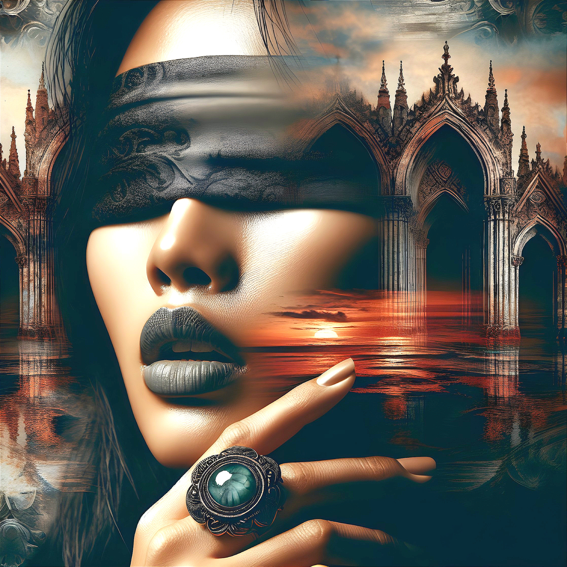 Close-up of a blindfolded woman with sunset backdrop