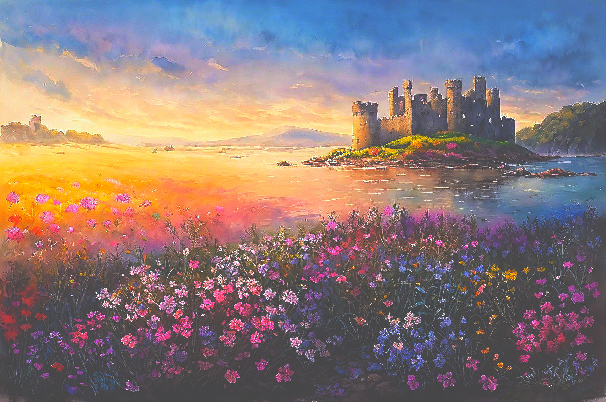 Vibrant Sunset Over Tranquil Waters and Wildflowers