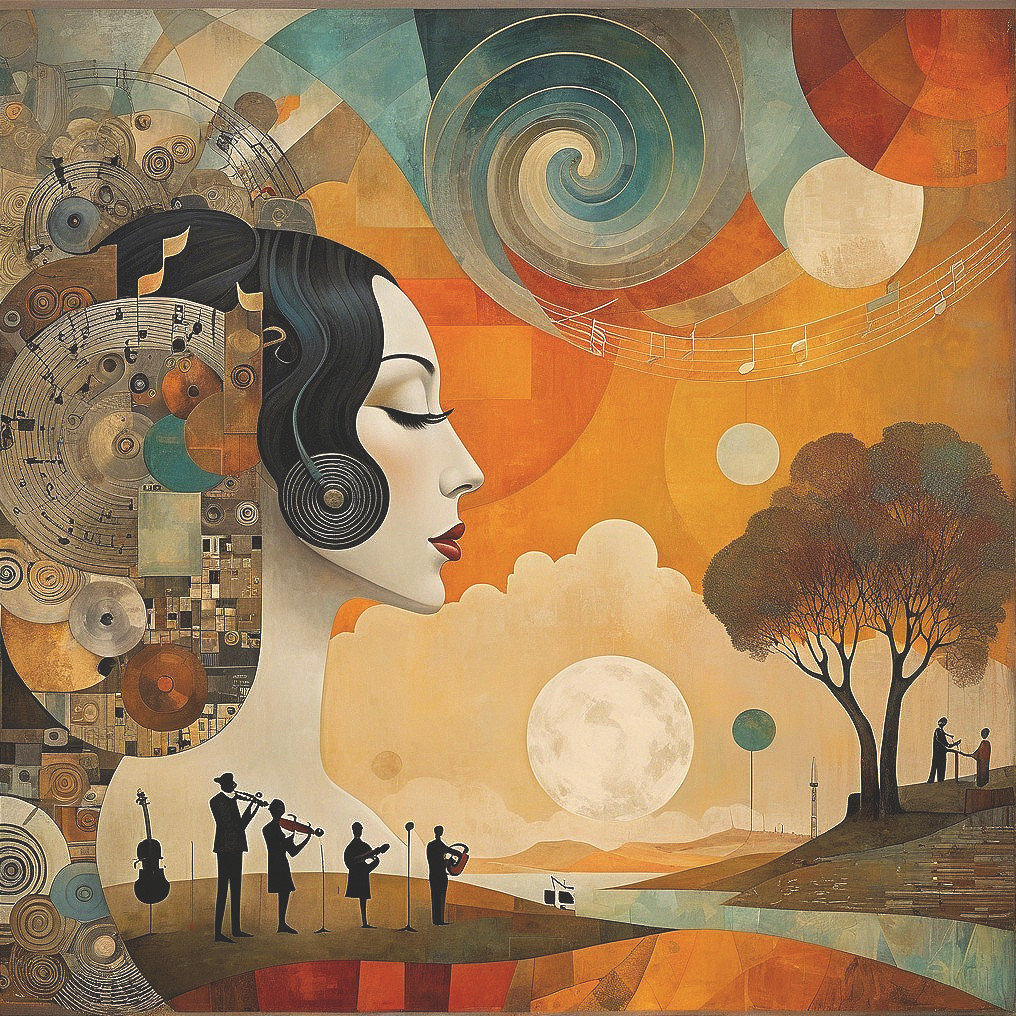 Abstract Illustration of Woman's Profile and Music Elements