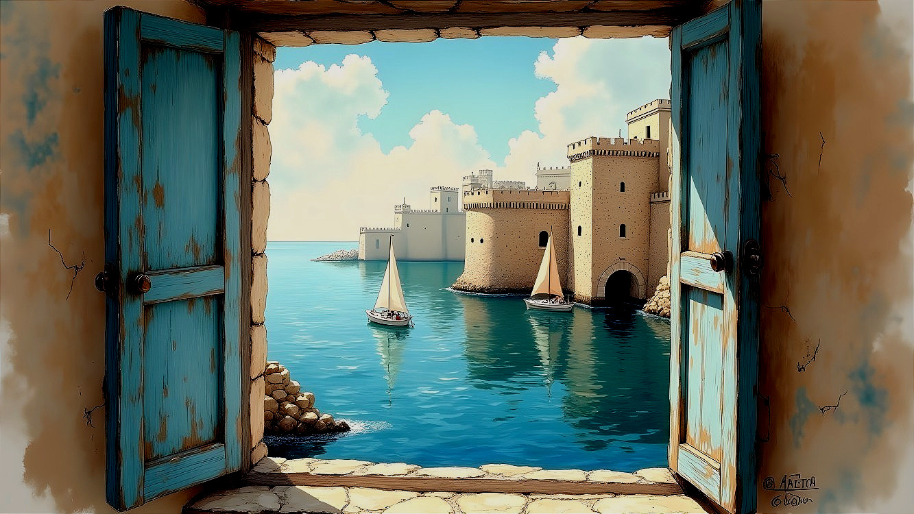 Serene Coastal View from an Open Window with Shutters