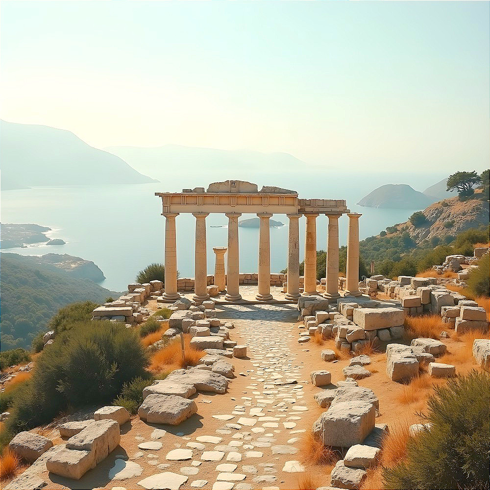 Ancient Temple Ruins on Hillside with Scenic Views