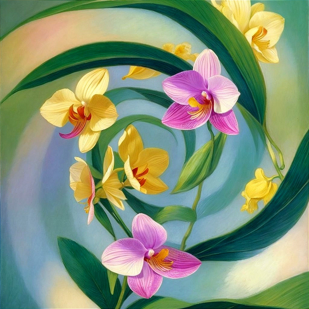 Colorful Orchids with Green Leaves in Spiral Composition