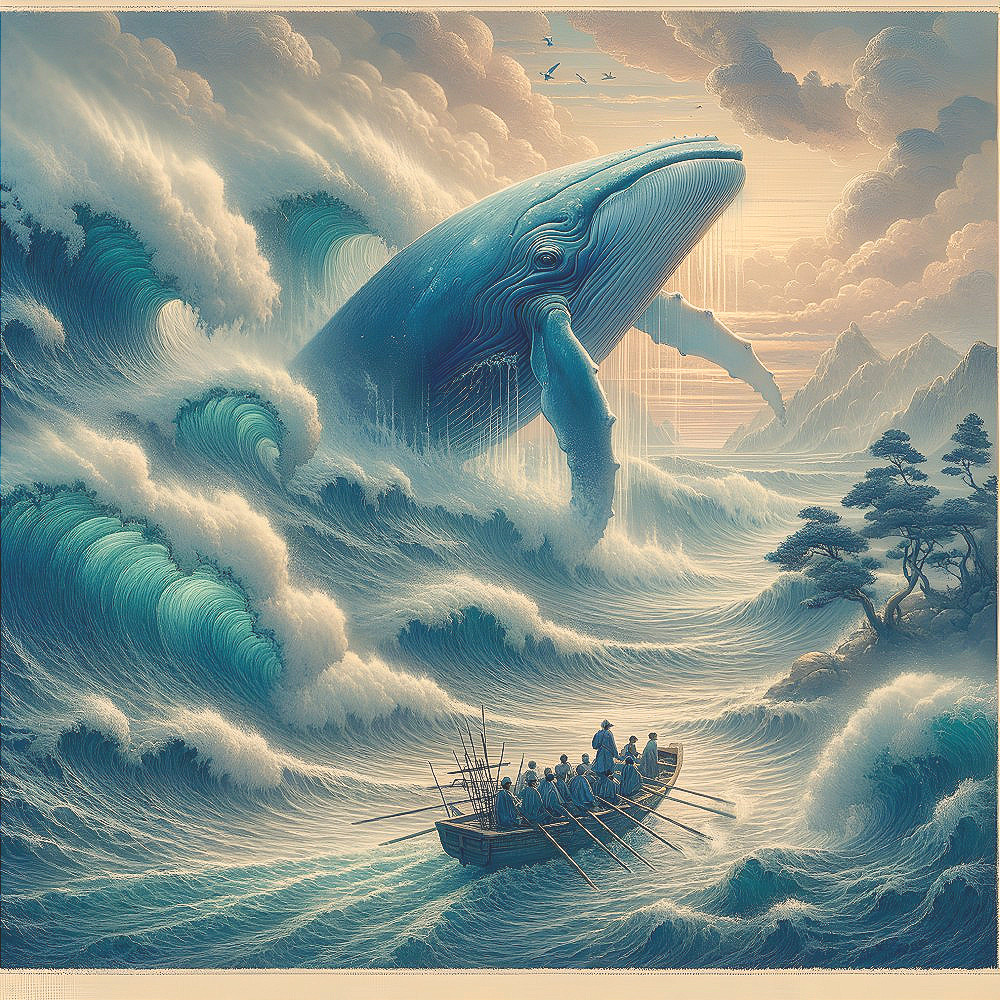 Blue whale in ocean waves with mountains and sky