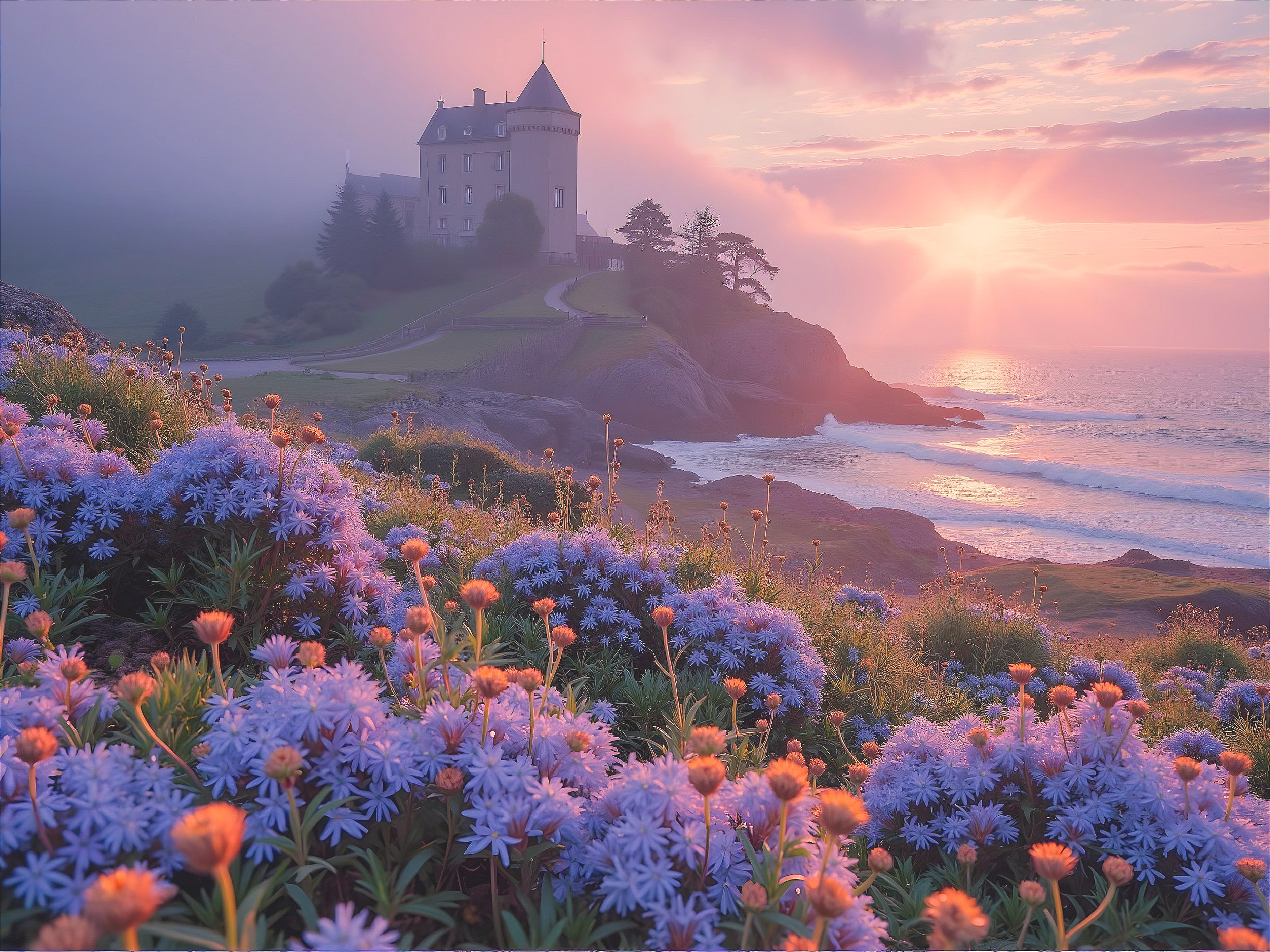 Charming Castle on Picturesque Coastline at Sunrise