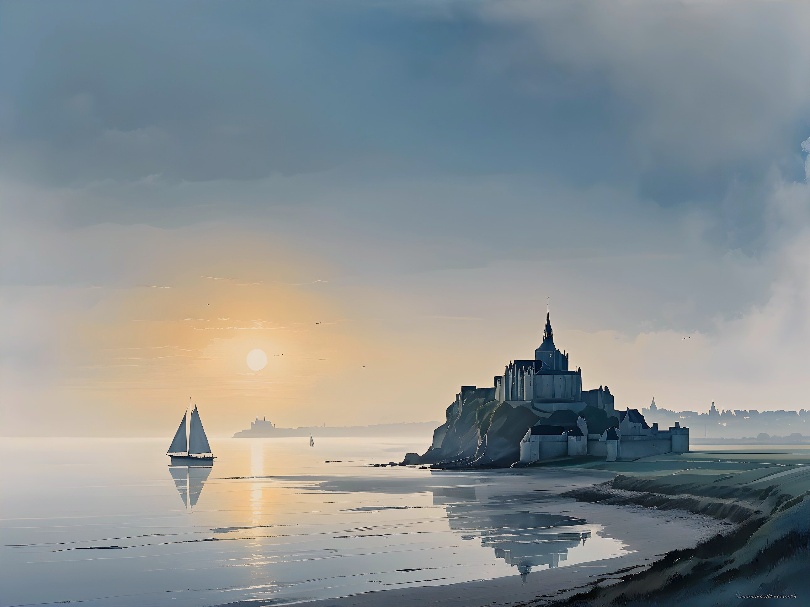 Coastal Landscape with Castle at Sunset and Sailboat