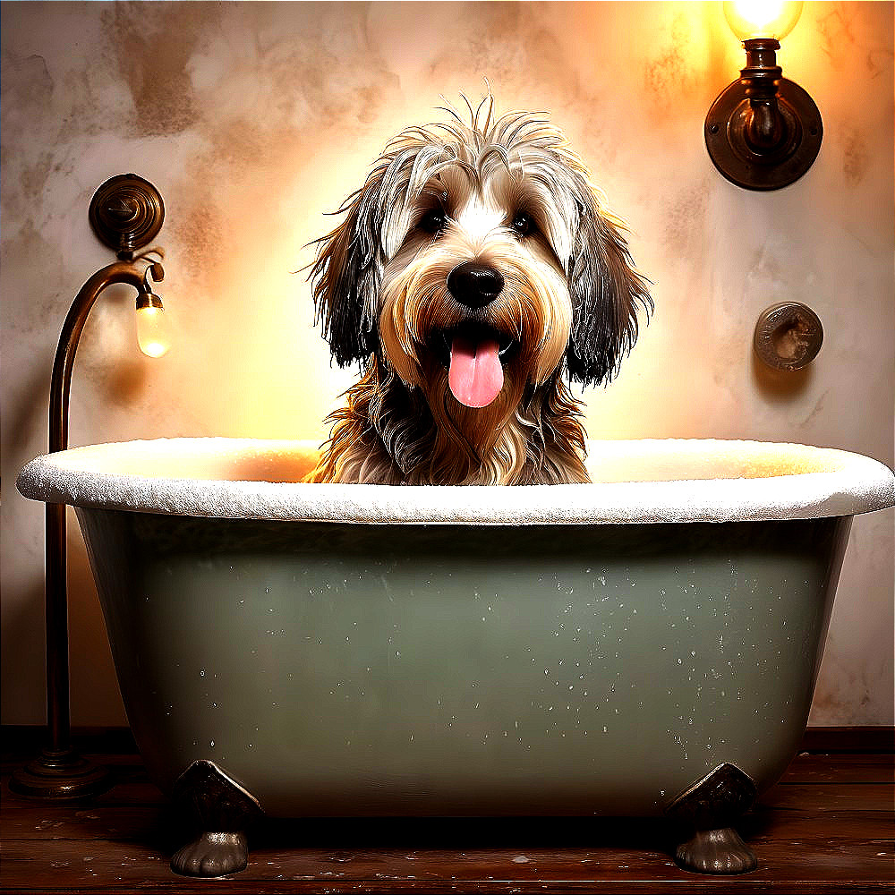 Fluffy dog in vintage bathtub with warm light and bubbles