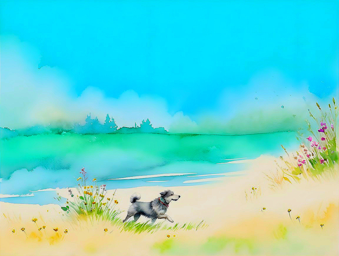 Playful Dog on Grassy Shoreline with Wildflowers