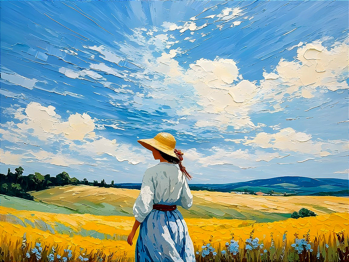 Woman in Golden Field Under Fluffy White Clouds