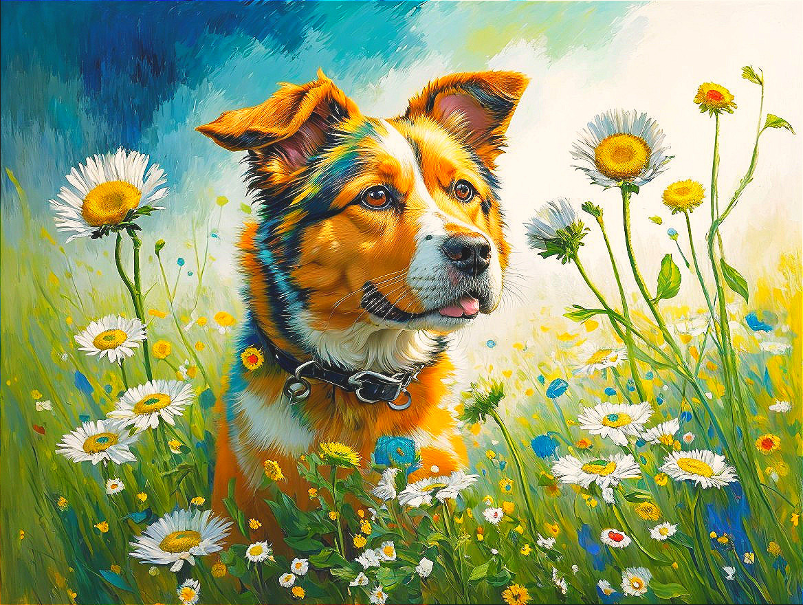 Colorful Painting of a Dog in a Wildflower Field
