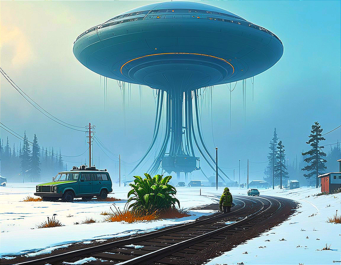 Futuristic Snowy Landscape with Hovering Spaceship