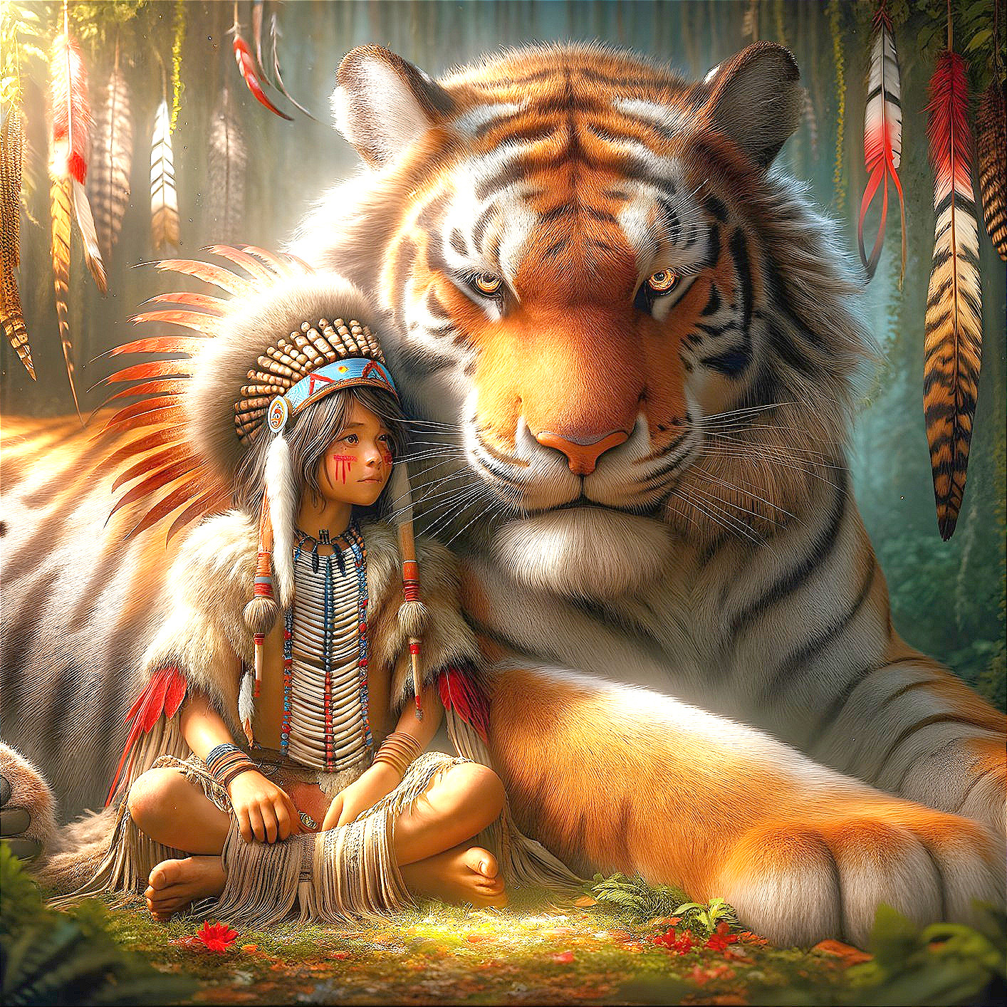 Young Indigenous Boy with Bengal Tiger in Forest