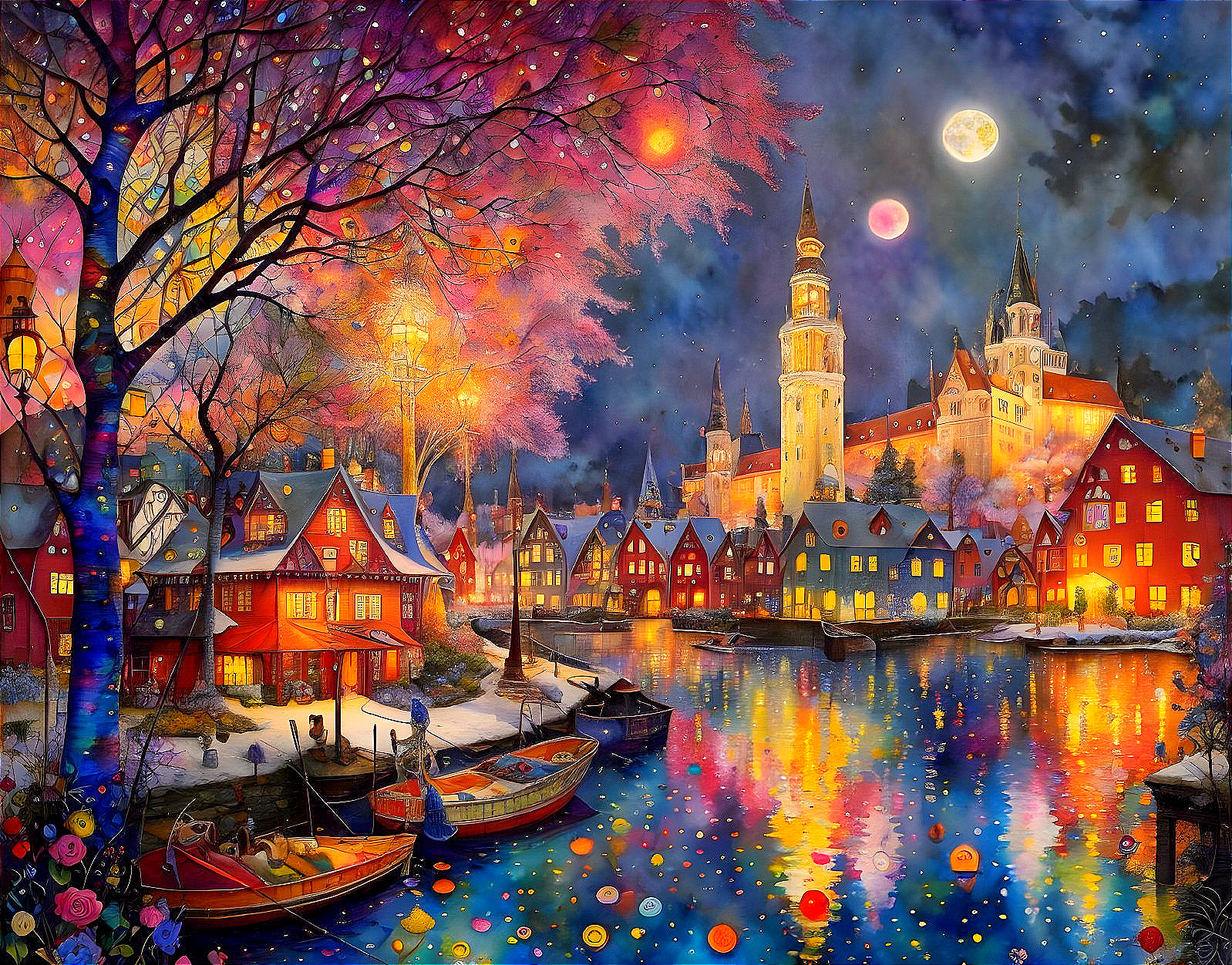 Colorful painting: European town at night, river reflections, snow rooftops, full moon, star