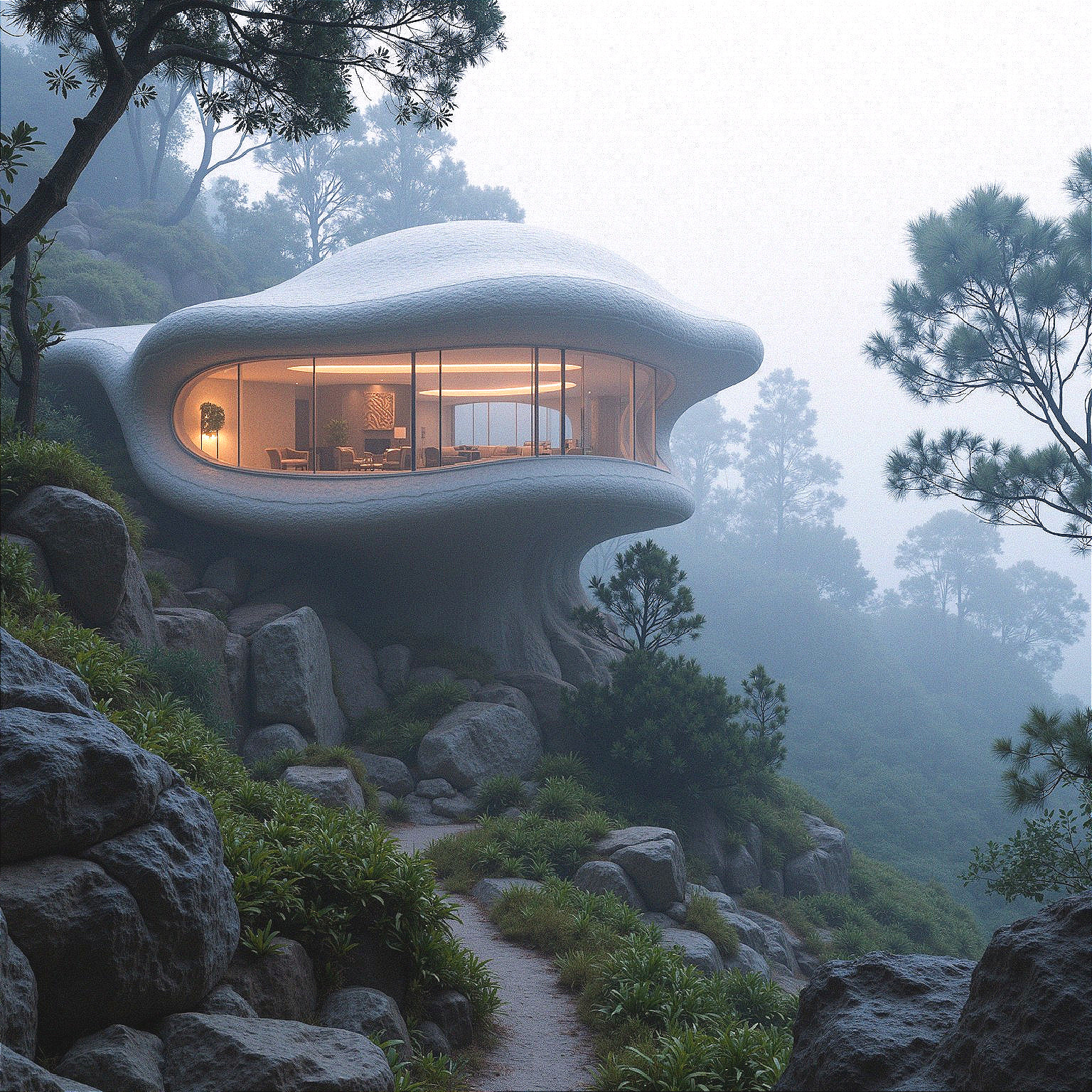 Futuristic Organic-Shaped House on Rocky Hillside