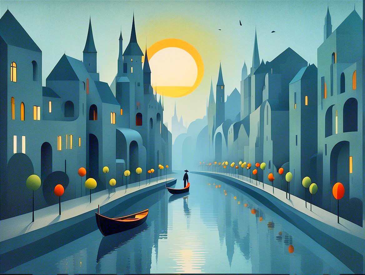 Serene Canal Landscape with Whimsical Buildings