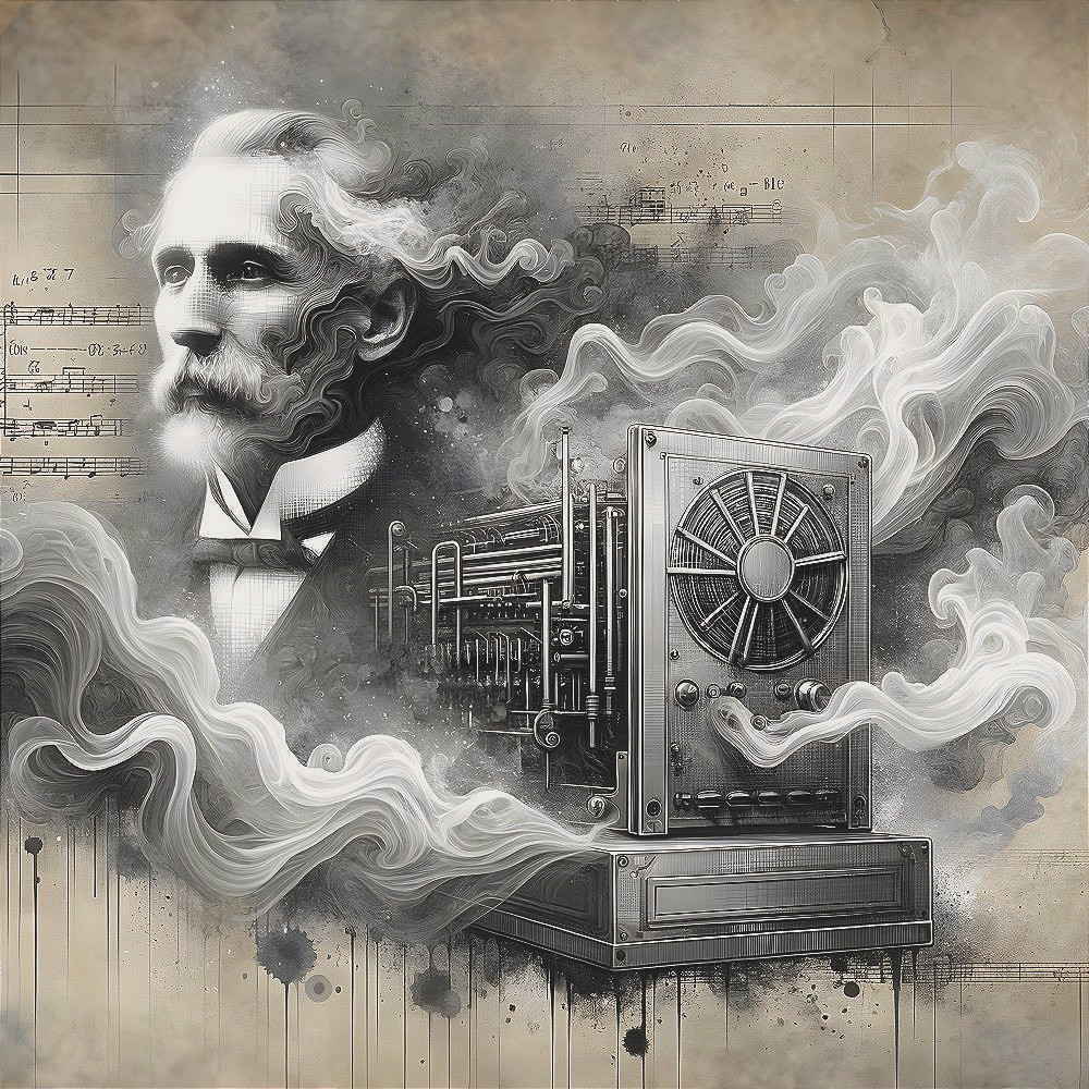 Vintage figure with swirling smoke and intricate machine