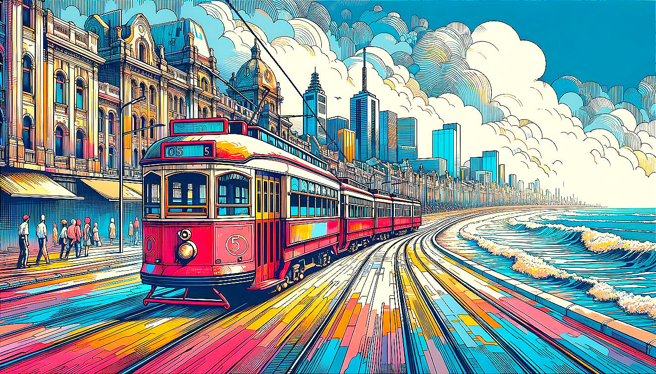 Colorful Tram on Scenic Coastal Route with City Skyline