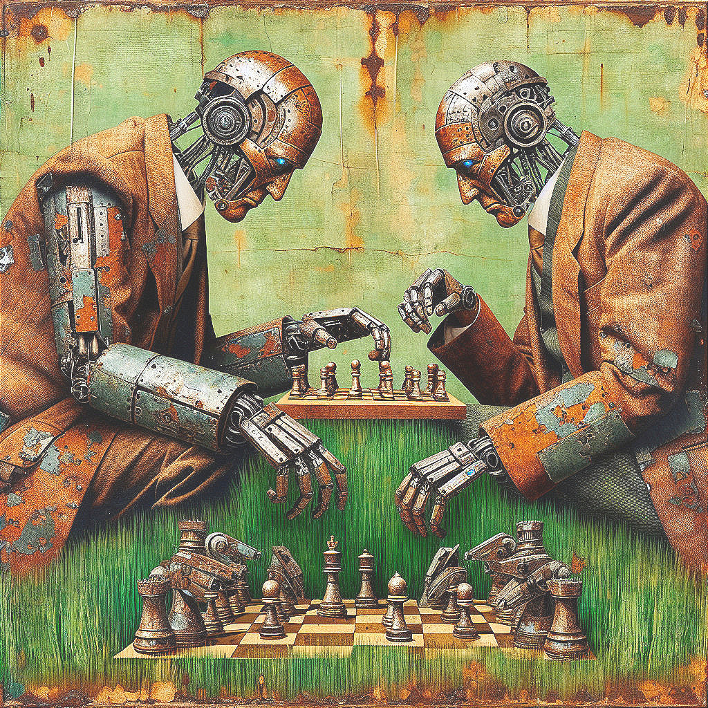 Robotic Figures Engaged in Chess Match on Grass