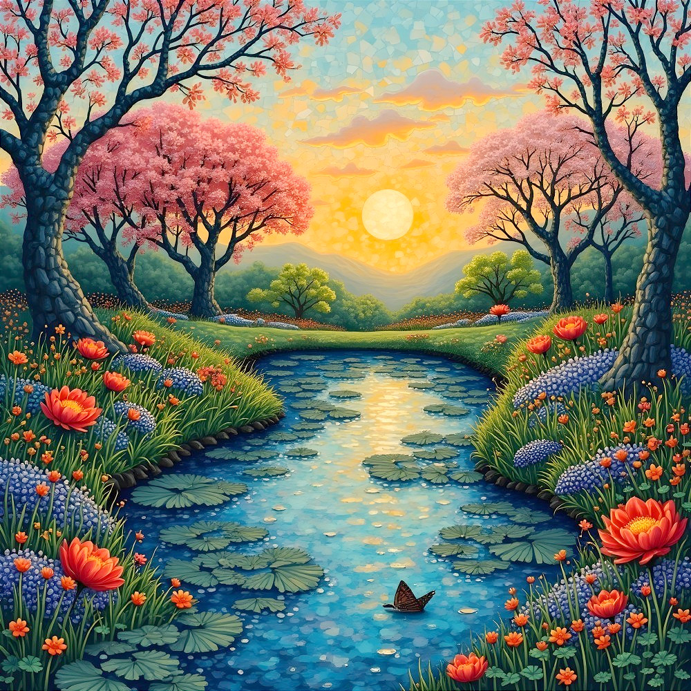 Tranquil River Scene with Cherry Blossoms and Sunrise