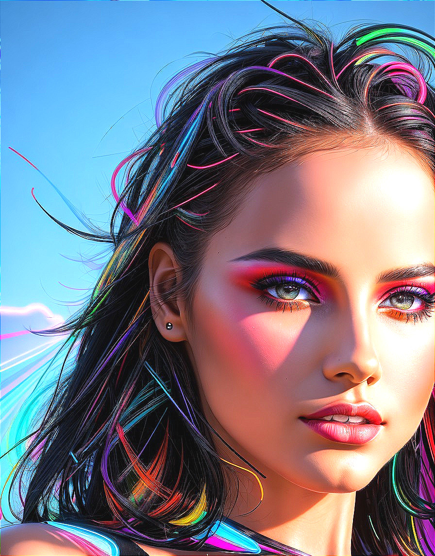 Young woman with vibrant hair and bold makeup against sky
