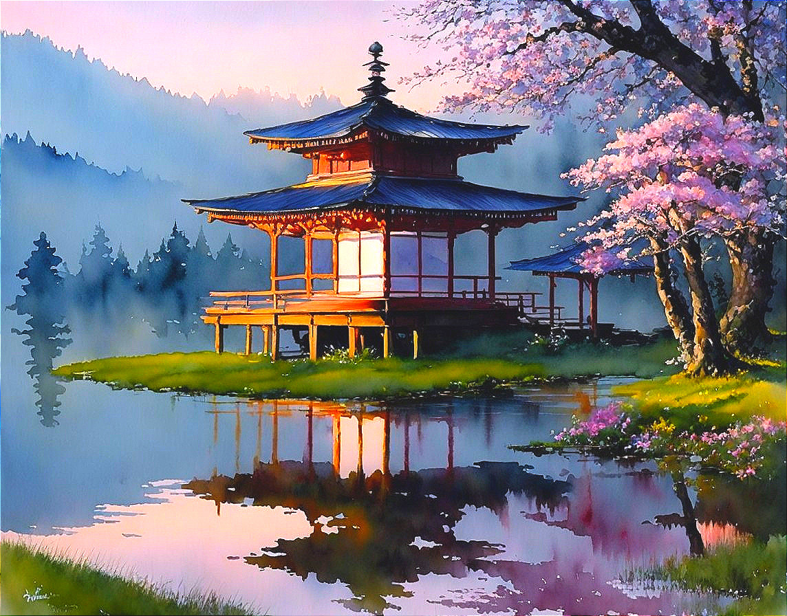 Traditional Japanese Pavilion by Tranquil Pond