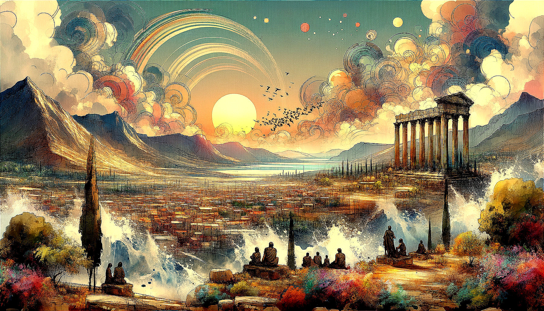 Ancient Ruins and Cosmic Landscape with Sunset Colors