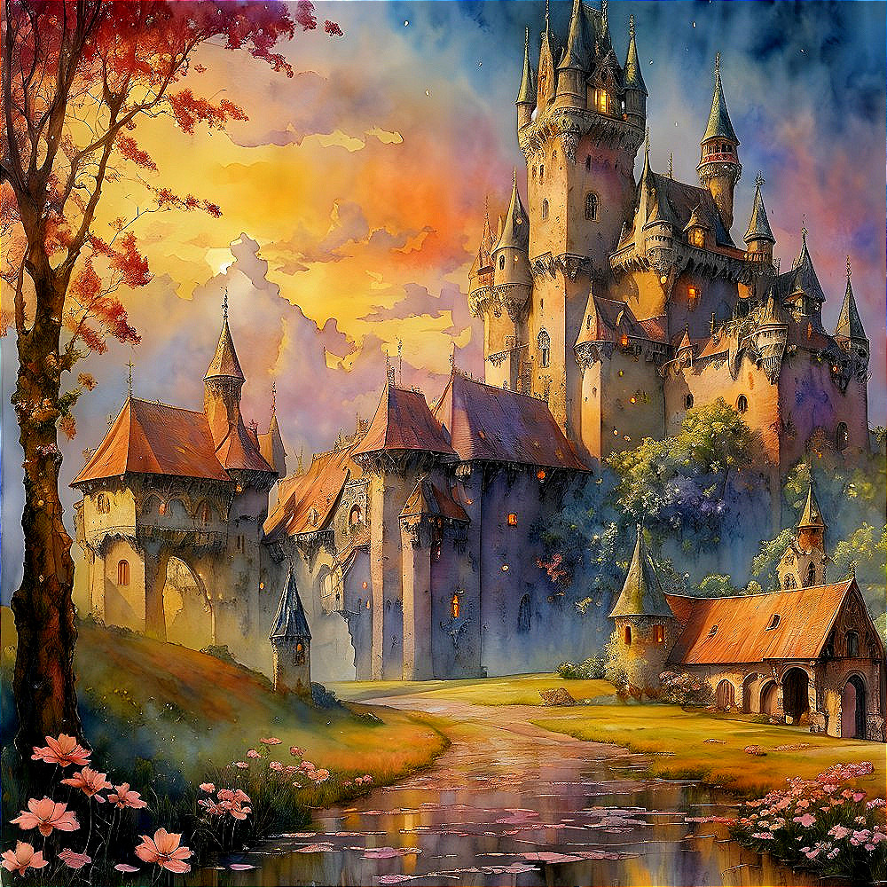 Enchanting castle surrounded by autumn trees at sunset