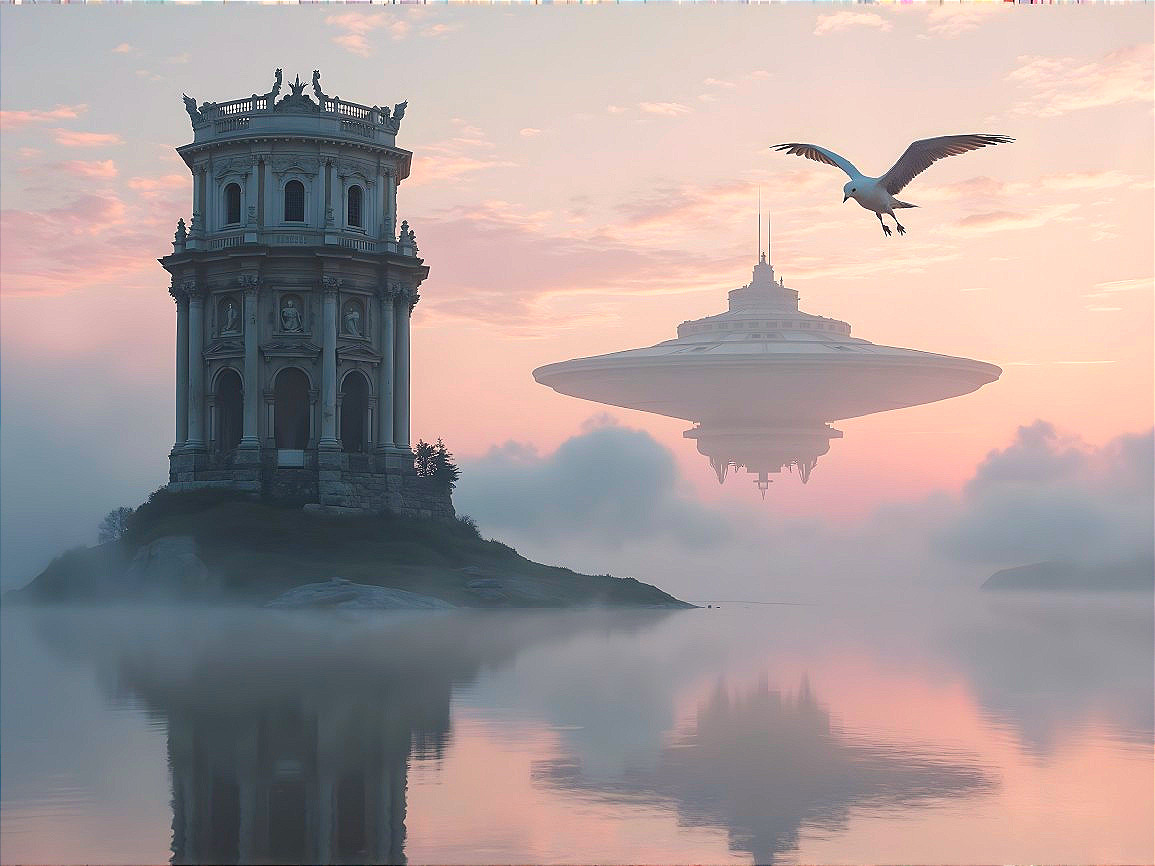 Serene landscape with classical tower and UFO at dawn