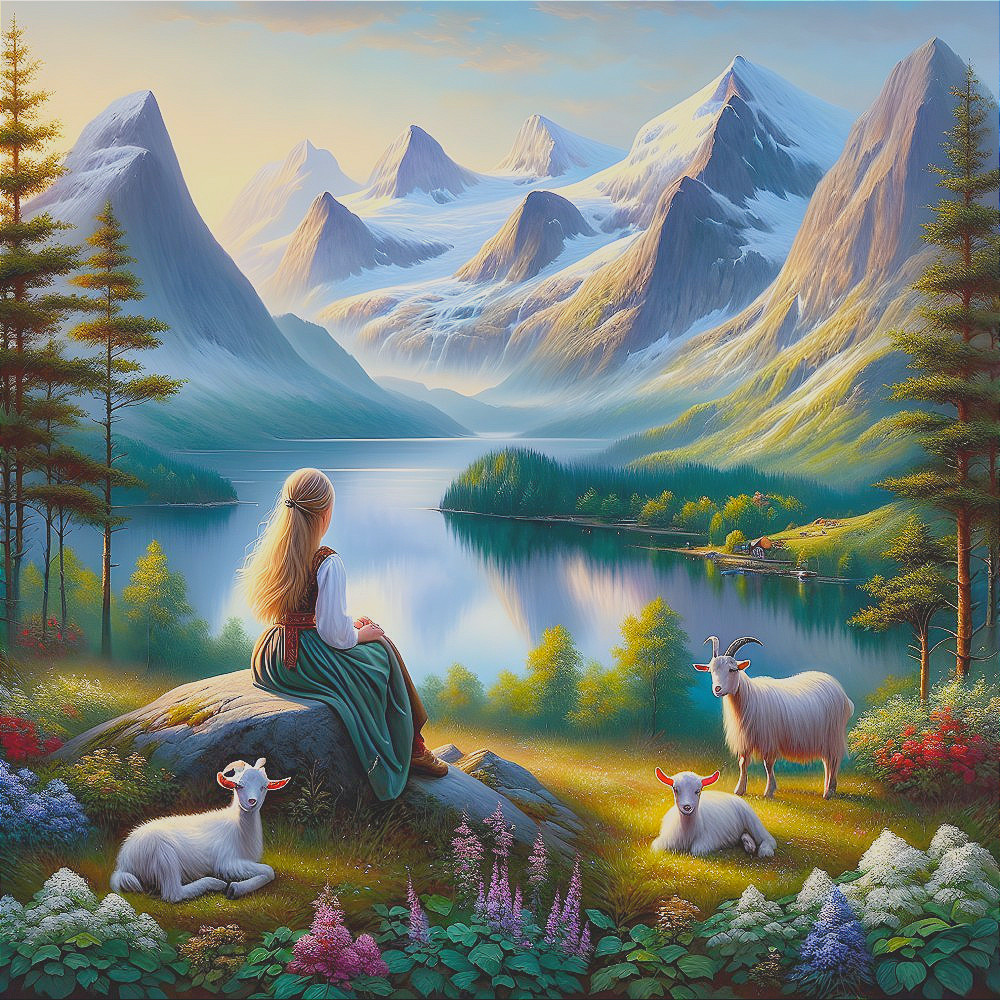 Serene landscape with girl by tranquil lake and mountains