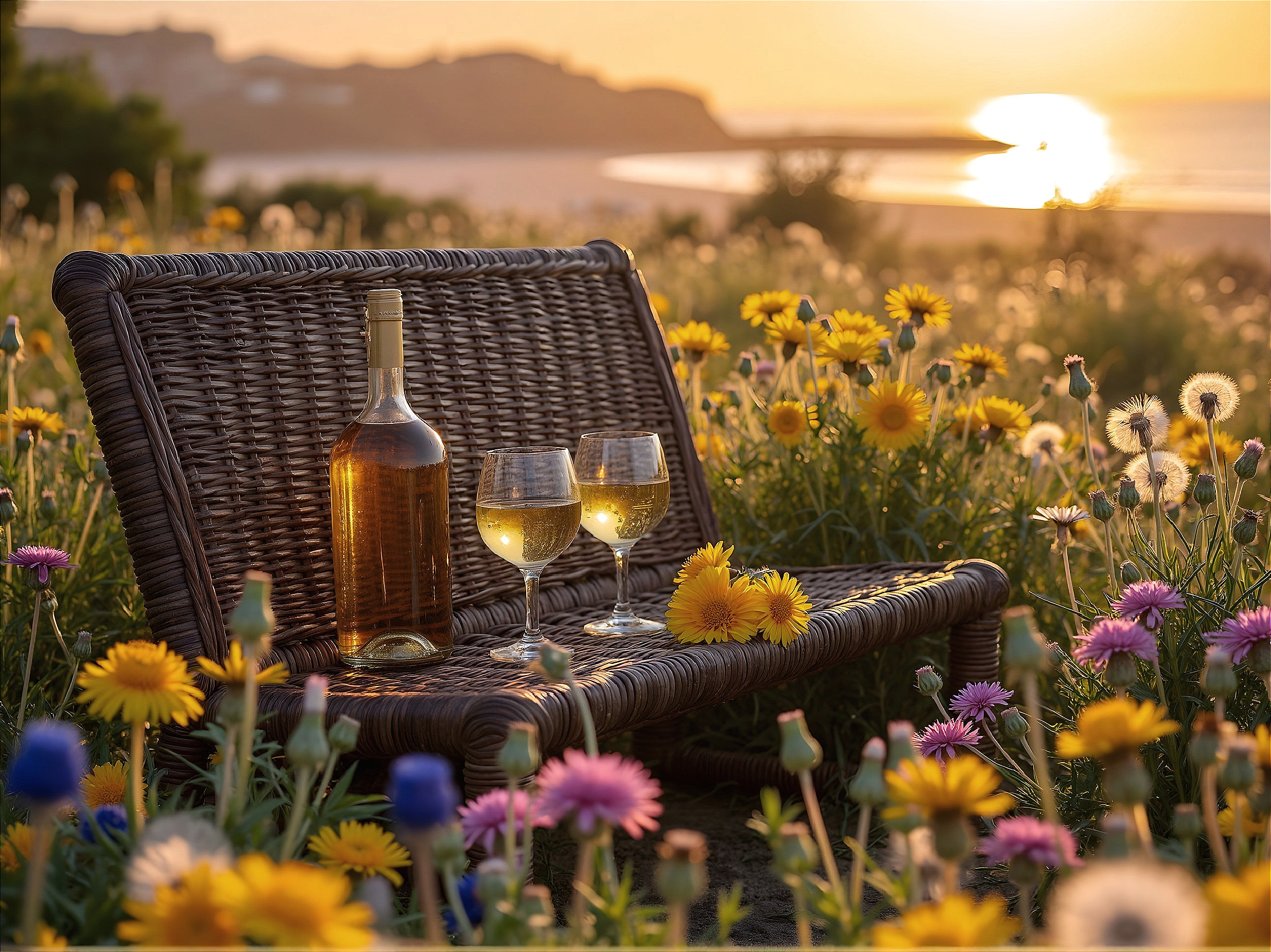 Serene Sunset with Wicker Chair and Wildflowers