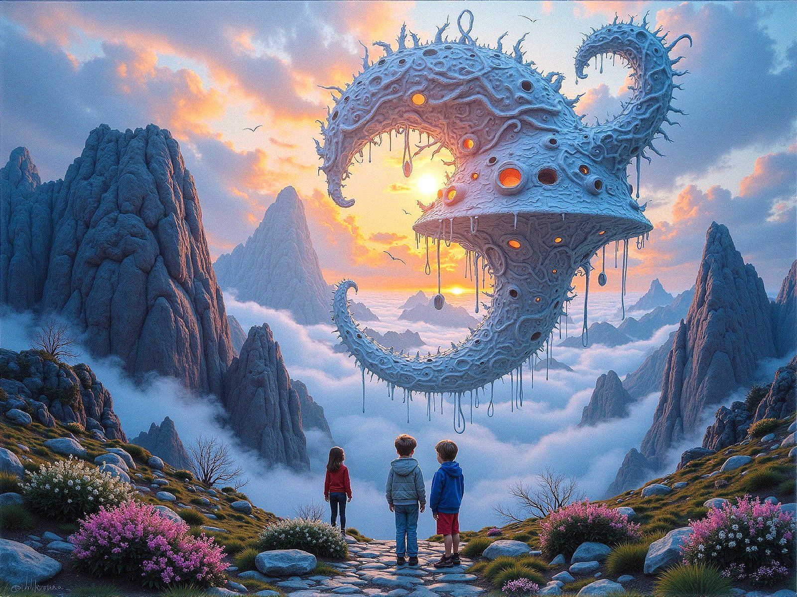 Children Observing Surreal Crescent Moon Structure