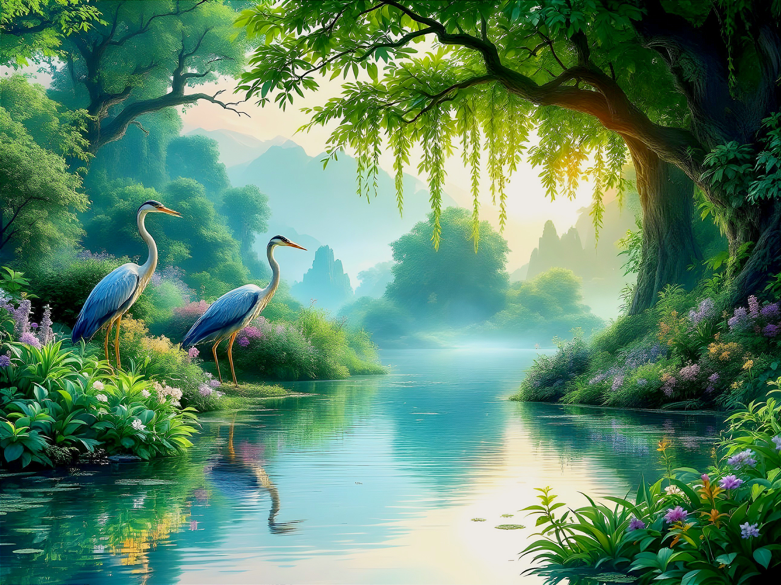 Elegant Cranes by a Tranquil River in Serene Landscape