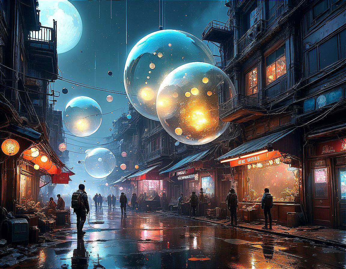 Mystical Street Scene with Glowing Bubbles and Lanterns
